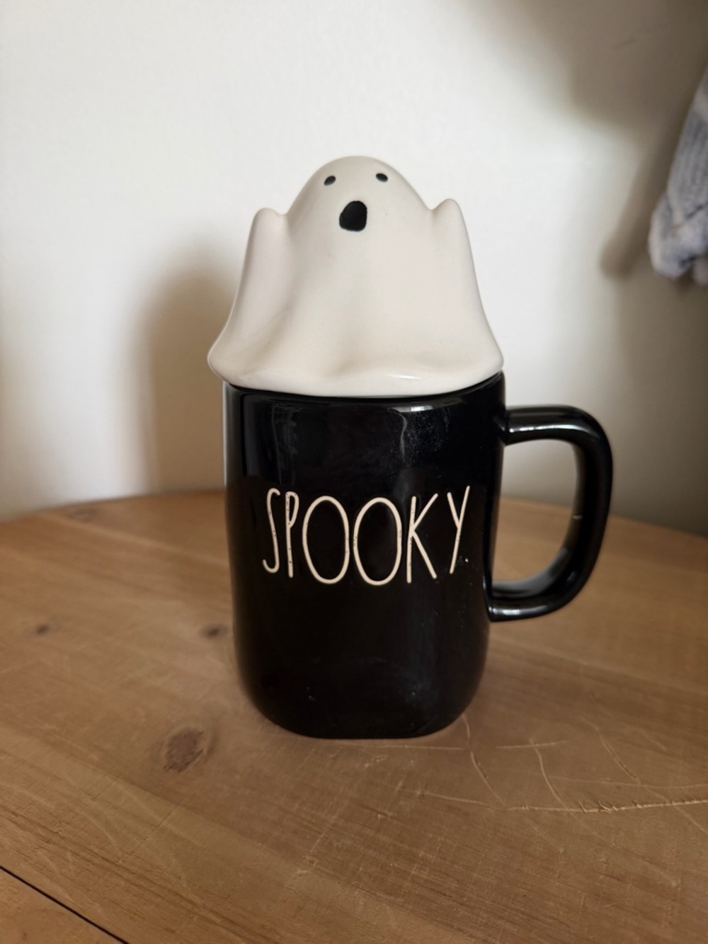 Rae Dunn Black Ceramic Mug with White Ghost Lid - "Spooky"